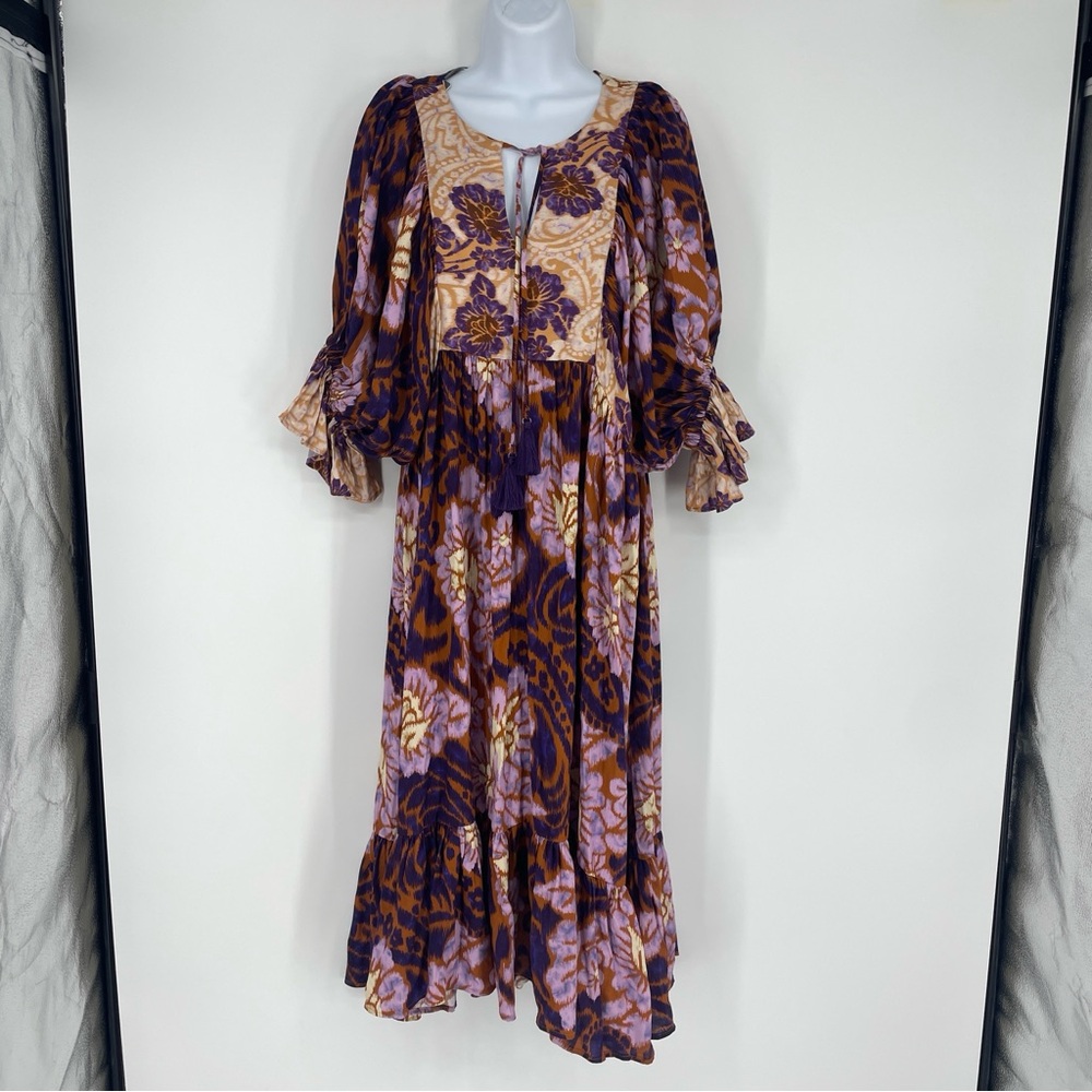Boho Floral Midi Dress in Purple and Tan